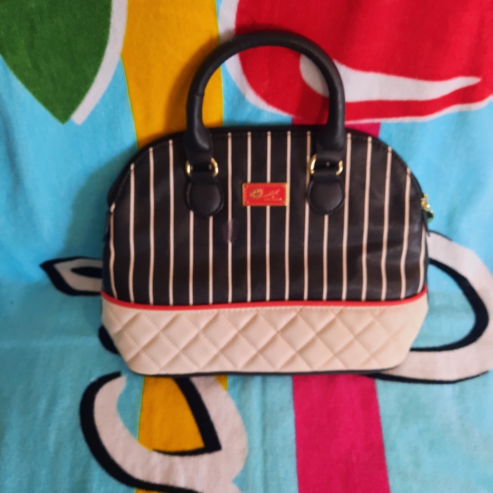 Betsey Johnson Black and Cream Striped Satchel